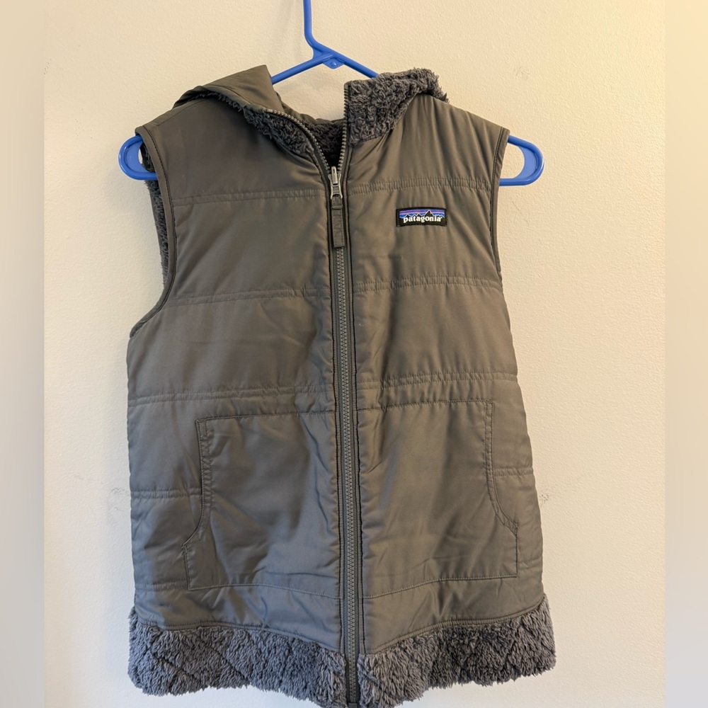 Patagonia Kids Olive Gray Hooded Puffer Vest